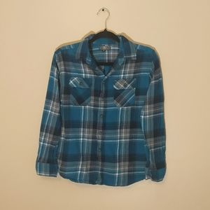 TNL| Blue Plaid Flannel Buttoned Down Cotton Shirt With Front Pocket